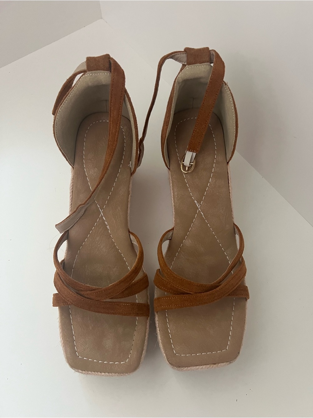 SHEIN Tan Suede Square-Toe Ankle Wrap Heels
